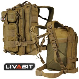 LIVABIT Tactical Emergency EDC 3 Day Earthquake Survivalist Grab and Go Bug Out Kit Bag Backpack Rucksack Molle Nylon Carrier TAN