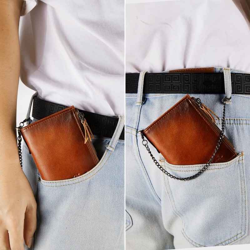 Wallet with Chain for Men Women Genuine Leather RFID Blocking