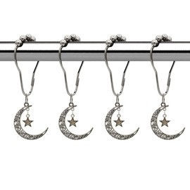 Moon Shower Curtain Hooks Rings for Decor Bathroom, Rust Proof Metal Stainless Steel Curtain Ring, Decorative Shower Hook Set of 12 with Star Moon Gothic Bathroom Decor Shower Rod Curtain (Silver)