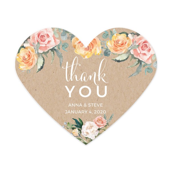 Andaz Press Peach Coral Kraft Brown Rustic Floral Garden Party Wedding Collection, Personalized Heart Label Stickers, Thank You Anna & Steve January 4, 2024, 75-Pack, Custom Names and Date