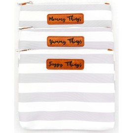 Stylish Diaper Bag Organizing Pouches - High Quality XL Set of 4 Gray and White Striped Canvas Diaper Bag Pouches with Leather Embossed Labels, Leather Wristlet Strap & Durable Metal Zippers