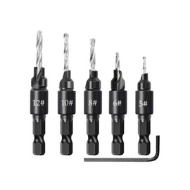 YFFSFDC Countersunk Drill Bit Chamfering for Woodworking Hex Shaft Countersunk Drill Wood Countersunk Hole Screw Drilling Woodworking Drill Set 5# 6# 8# 10# 12# 5pcs Set with L-Shaped Wrench (Silver)