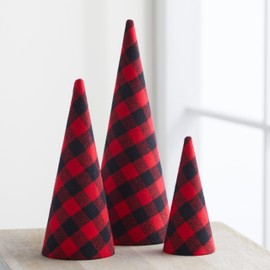Set of 3 Velvet Cones, Valentines, Wedding Centerpiece, Modern Christmas Decor, Holiday Entryway, Rustic Winter Home, Farmhouse Home Decorations, Tree Figurines (Red Plaid)