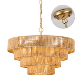 Haolaike Boho Chandeliers Hand Woven Rattan 4 Round Pendant Light Fixtures Minimalist 6 Lights Large Pendant Lights for Kitchen Island Dining Room Hallway Living Room