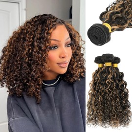 ALHER #1B/27 Highlight Black and Honey Blonde Water Wave 3 Bundles, Wet and Wavy Curly Balayage Ombre Blonde Bundles, 100% Unprocessed Virgin Remy Human Hair Soft Thick Sew In Double Weft 10 12 14 IN