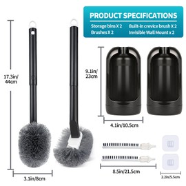 Toilet Brush and Holder Set, Curved Angled Toilet Bowl Cleaner Brush with Under Rim Cleaning, Wall-Mounted Toilet Scrubber & Bathroom Deep Cleaning Supplies Kit（Crevice Brush Included） Black(2-Pack)