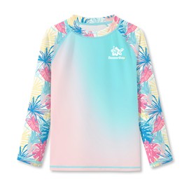 BesserBay Kids Girls UV Protection Rash Vest Blue Pink Yellow Gradient Leaves Long Sleeve Stretchy Fabric Swimming Top 9-10 Years