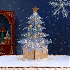 Pop Up Christmas Cards Golden Star Hanging Snowflakes, PVC Hollow Carving Color Printing Repeated Folding 3D Christmas Cards Pop Up, Writing Blessings Gift Merry Christmas Tree Pop Up Cards