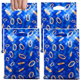 agranjeuc 50Pcs Blue and Gold Ring Party Favor Bags - Hedgehog Design Candy Treat Bags for Gamer's Birthday Decorations, Plastic Video Game Snack ToteBag Supplies