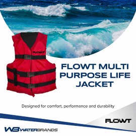 Flowt Multi Purpose Life Jacket, Type III USCG Approved Life Jacket - Youth Life Vest Fits 50 to 90 lbs - Swimming Vest for Fishing Life Jacket for Water-Skiing - Red Lightweight Kayak Life Vest