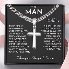 "For My Man" Cross Necklace, Stainless Steel Cuban Chain Jewelry, Birthday Gift, Valentine's Day