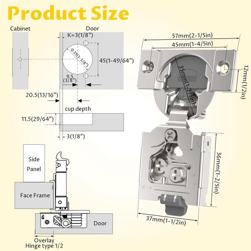 Onemake 20 Pack 1/2" Overlay Soft Close Cabinet Hinges, Clip-on