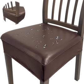 KIDOACOW Soft Leather Chair Seat Covers Dining Chairs Set of 6, Waterproof Seat Covers for Kitchen High Stretch & Well-Fitted Chair Covers Dining Chairs with Elastic Ties (Coffee, Rear-Covered)