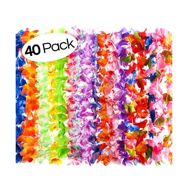 40 Count Hawaiian Flower Lei for Luau Party - Bulk Set of Floral Necklace Leis Vibrant Colors Assortment for Party Favors, Garland Decorations or Ornaments for Any Occasion