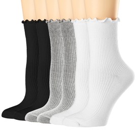Mcool Mary Womens Crew Socks Ruffle Turn-Cuff Dress Socks Casual Cotton Knit Warm Comfy Lettuce High Ankle Socks For Women 6 Pack