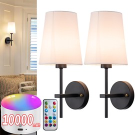 Battery Operated Wall Sconce Set of 2, Wireless Dimmable Battery Powered Wall Lamp with Remote Control, White Fabric Shade for Bedroom, Easy To Install, 3 Color Temp Bulb Included