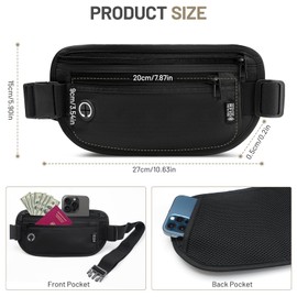 GlasFlength Flat Bum Bag with RFID Blocker, Anti-Theft Money Belt for Men and Women, Waterproof Bag for Passport, Anti-Theft Belt Bag for Travel, Sports (Black), black, Classic
