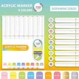 Yolaka Water Based Acrylic Paint Markers, 9 Colors Acrylic Paint Pens Set with Soft Brush Tip, Marker Pen for Rock Painting, Egg, Wood, Glass, Paper, Mugs, Acrylic Painter Ink (Dopamine Series)