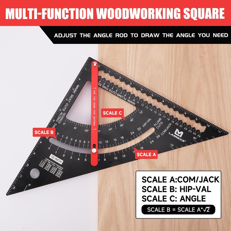 LARMEIL Carpenter Square 12 inch Woodworking Tools Smart Square, Adjustable