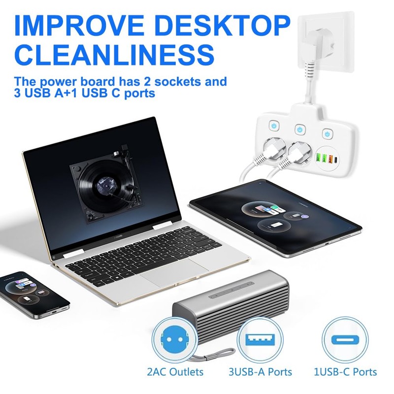 KUWUNG 6 in 1 Socket with USB, 2-Way Double Plug