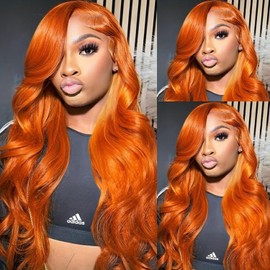 Teveshine Ginger Human Hair Bundles with Closure Body Wave 16 18 20+16 IN, Soft Thick 10A Brazilian Remy Hair 3 Bundles with 4x4 HD Closure Free Part #350 Orange Colored Closure and Bundles