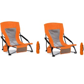 Foristrail Outdoor Beach Chair for Adults Set of 2 PCS Portable Lightweight Low Back Sling Chair with Cup Holder, 300lbs Capacity Camping Chair for Patio, Lawn, Concert, Travel (Orange)