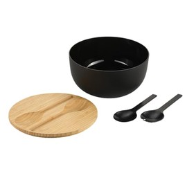 Kesper Salad Bowl Set, 24 cm, Plastic Bowl with Bamboo Lid and Salad Servers, Black