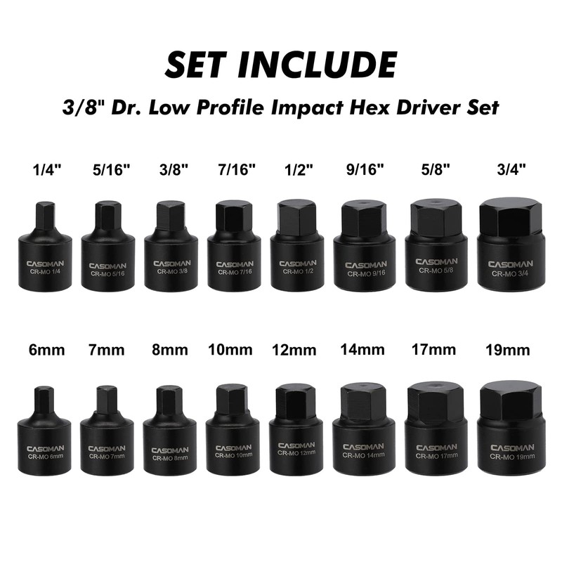 CASOMAN 16 Piece 3/8 Inch Drive Low Profile Impact Hex