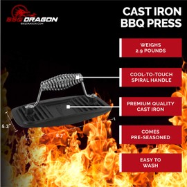BBQ Dragon Cast Iron Barbecue Press, BBQ Grill Press, Grill Accessories, Griddle Weight, Meat Press, Best for Removing Unwanted Fat, Paninis & Sandwiches, Hamburgers and Steaks