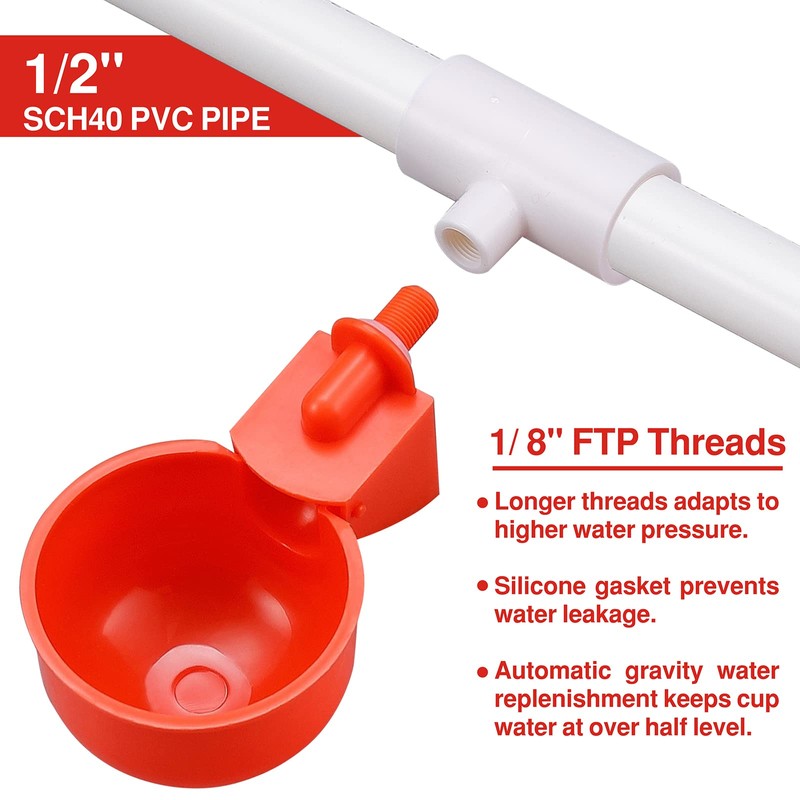 [12 Pack] Chicken Water Cups with PVC Tee,Chicken Water Nipples,Automatic