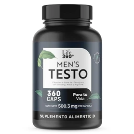 LIFE 360+ Mens Testo | 360 Cápsulas | Maca Negra, Maca Roja y Maca Amarilla, L-Arginina, Zinc, Vitamina D, Magnesio, Ginseng y Guarana | Suplemento Alimenticio | 360 Cápsulas por Envase