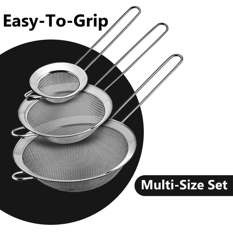 3X Kitchen Sieves Stainless Steel Mesh Design Long Handle Food