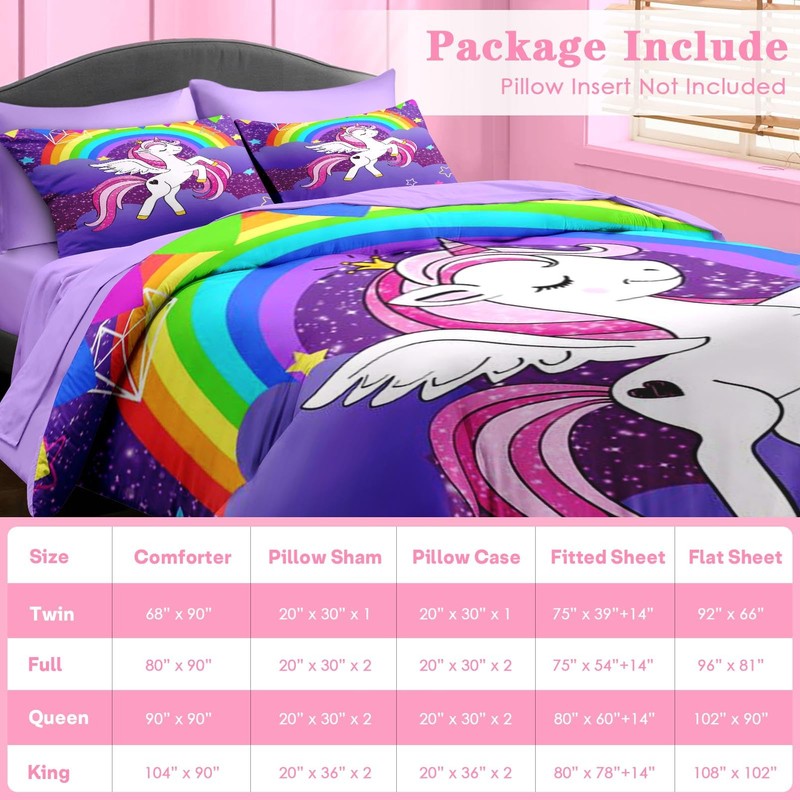Pamnest Full Comforter Set for Girls, 7 Pieces Unicorn Bedding