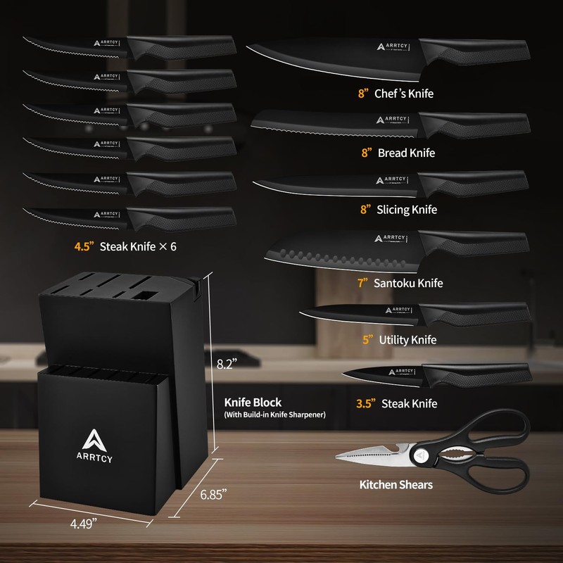 Arrtcy Knife Set - Kitchen Knife Set with Built-in Sharpener