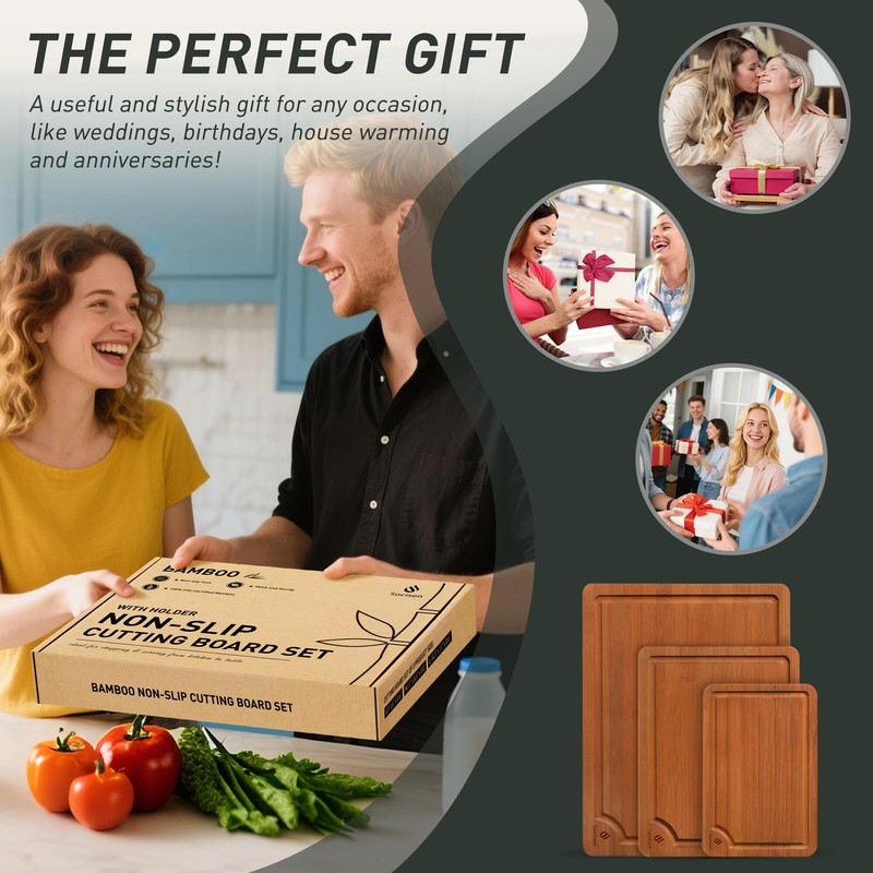 3 Packs Bamboo Cutting Board Set with Non Slip Feet