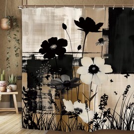 Miyotaa Abstract Modern Flower Shower Curtain Set 60Wx71H Inches Minimalist Neutral Contemporary Black Tan Brushstroke Art Wildflower Waterproof Bathroom Curtain with 12 Hooks