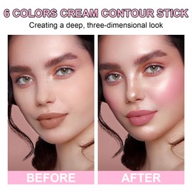 6 Colors Cream Contour Stick Makeup Kit, Shades with Highlighter Stick, Blush Stick and Double-End Bronzer Stick for Sculpt the Cheeks, Waterproof,Dewy & Matte Finish for Beginners (6 COLORS SET A)