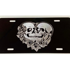 Engraved Skeleton Skull Lovers Car Tag Diamond Etched Vanity Front License Plate
