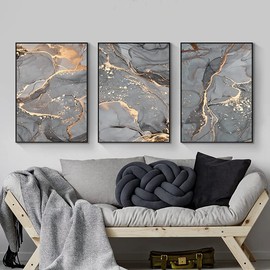 LYBOHO Wall Pictures Living Room Grey Golden Fluid Art Marble Texture Abstract Wall Art Canvas Pictures - Without Frame (Marbled 3, 3PCS-30x40cm)