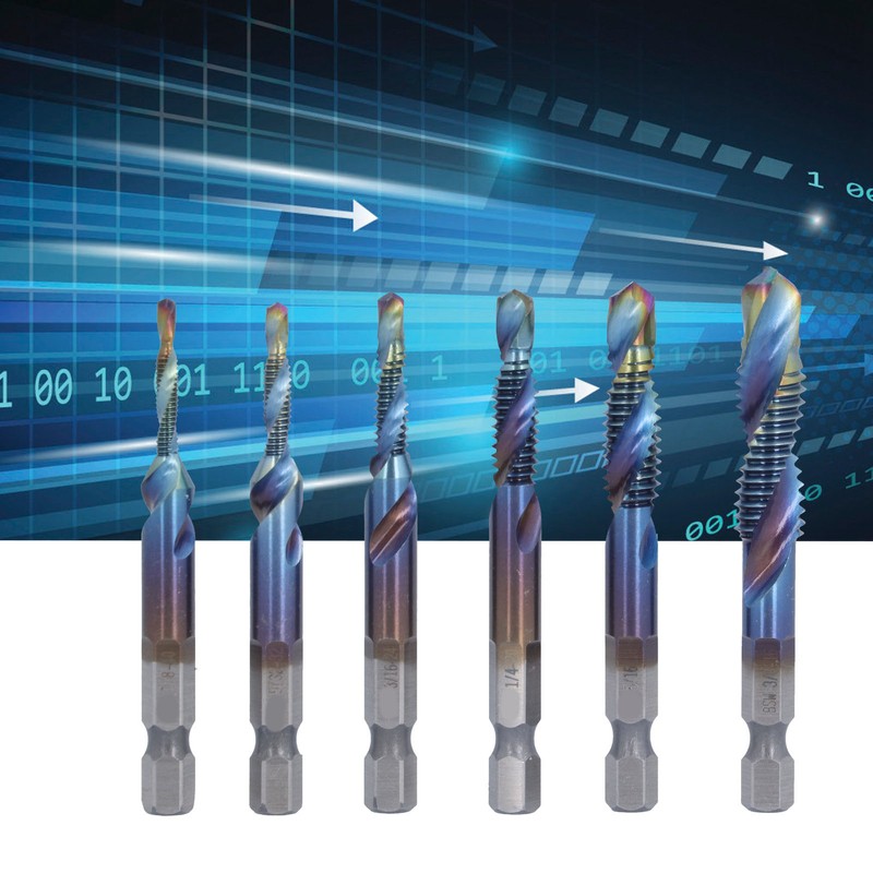 6Pcs Spiral Tap Drill Multifunctional HighSpeed Steel Hex Shank Drill