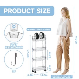 Yieach Rolling Small Bathroom Storage and 4 Tier Cart Organizer/Laundry Room Storage and Utility Cart with Wheels,Multi-Functional Makeup,Snack,Nail Organizers and Storage for Office,Kitchen,Clear