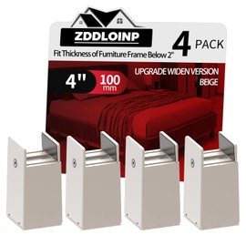 4Pack Bed Risers with Adjustable Screw Clamp, Fit Thickness of Furniture Frame from 0 to 2 Inch, Elevation in Heights 4" Heavy Duty Risers for Lifting Couch Desk Table Cabinet Nightstand, Beige