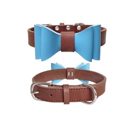 puplrpet Elegant Genuine Leather Dog Collar with Detachable Blue Bow - Stylish and Comfortable - Perfect for Small to Medium Dogs - Dark Brown