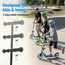 Scooter for Kids Ages 6+, Teens & Adults, Max Load 240 LBS, Foldable Kick Scooter with 8-inch Big Wheels, Kickstand, 3 Adjustable Levels, Rear Brake,