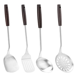 FJNATINH Cooking Utensils - Spatula, Ladle, Skimmer Spoon, Slotted Spatula - 4 Pieces Stainless Steel Wok Utensils Set for Carbon Steel