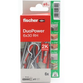fischer - Duopower 6x30 with Open Socket - 4U Multi Material Wall Anchors Suitable for Hanging Bikes, Pictures, Cabinets, TVs, Shelves, Furniture