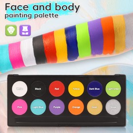 Face Body Paint Palette, 12 Colors Professional Face Painting Kit with 2 Brushes for 2026 World Cup July 4th Halloween SFX Party Costume Sport Festival Stage Cosplay Full Size Makeup Painting