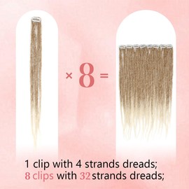 16 Inch clip in dreadlocks hair extensions,Light Brown to Blonde Synthetic Dreadlock Extensions Clip In 16 Inch 8 PCS 32Strands Hippe Dreads Handmade Soft Reggae Style Loc Extensions for Women