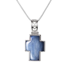 Franki Baker Sterling Silver Natural Kyanite Gemstone Cross Pendant Necklace. Chain length: 50cm