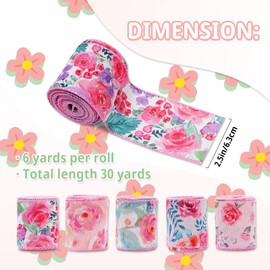 AnyDesign 5 Rolls Spring Summer Floral Wired Edge Ribbon Watercolor Rose Flower Pattern Ribbon 2.5 Inch Pink Flower Decorative Fabric Craft Ribbon for Gift Wrapping Decor Hair Bow Sewing Wreath Crafts
